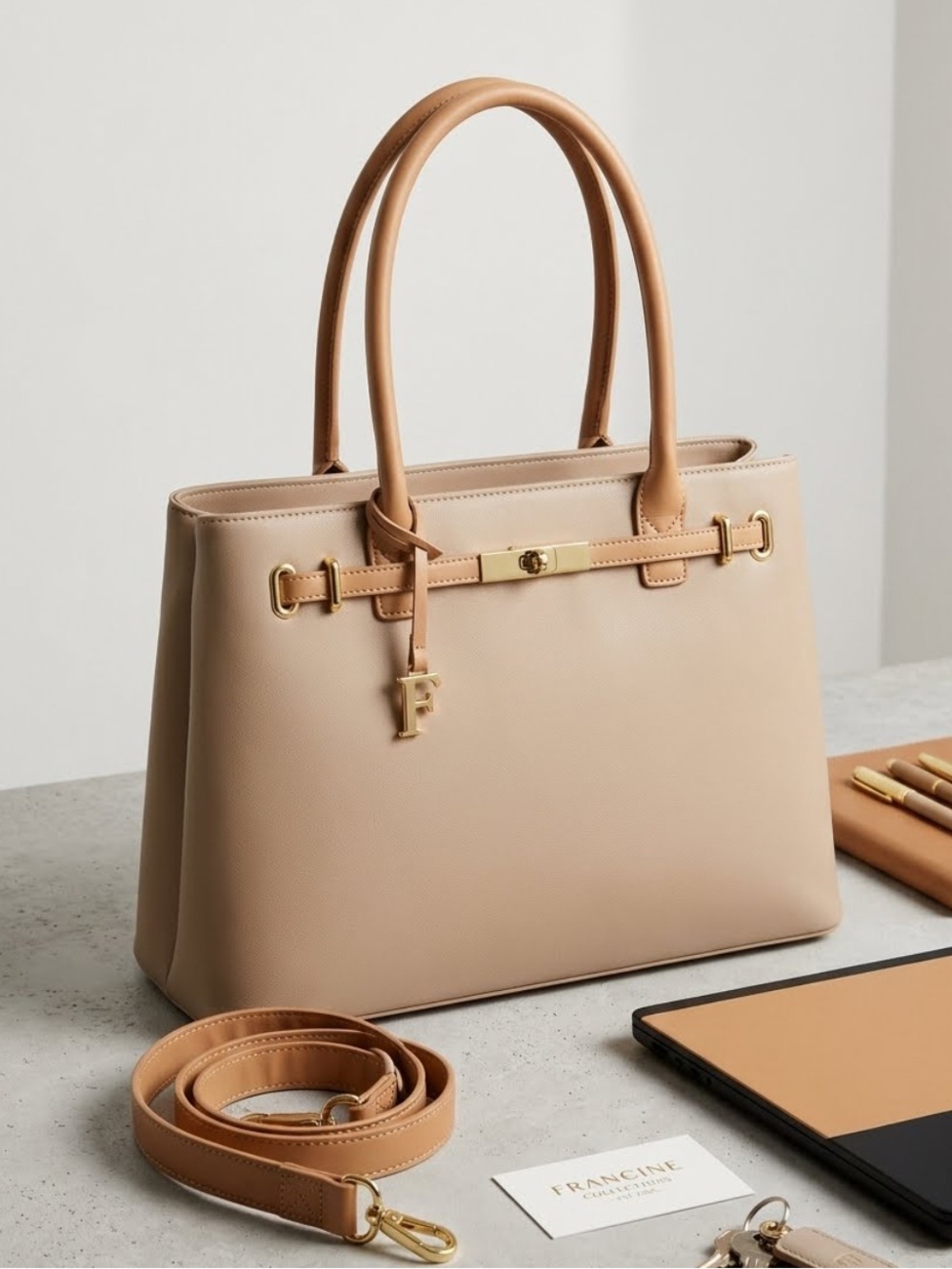 Structured Two-Tone Beige Shoulder Bag with Tan Trim
